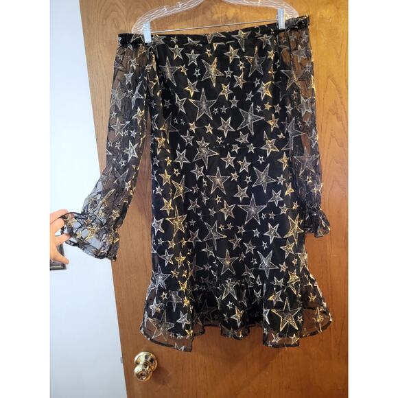 Sam Edelman Off The Shoulder Gold Silver Sparkle Star Mesh Sheer Dress NWT 14 - Picture 8 of 8